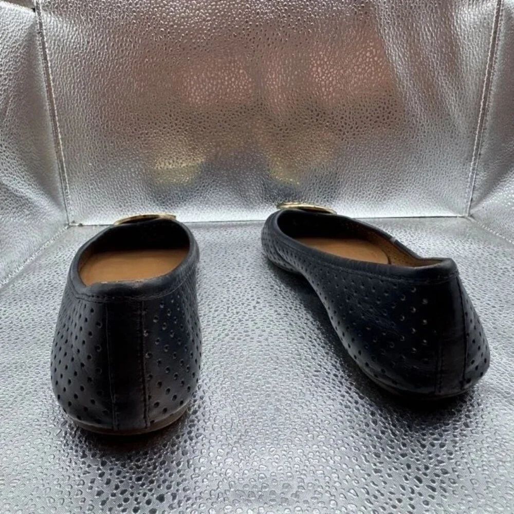 Sz 8 - Tory Burch Reva Perforated Womens Black Goldtone Logo Leather Flats‎